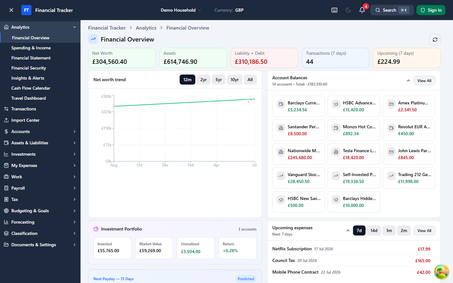 Financial Tracker demo dashboard showing financial overview, net worth, account balances, investment portfolio and upcoming expenses.